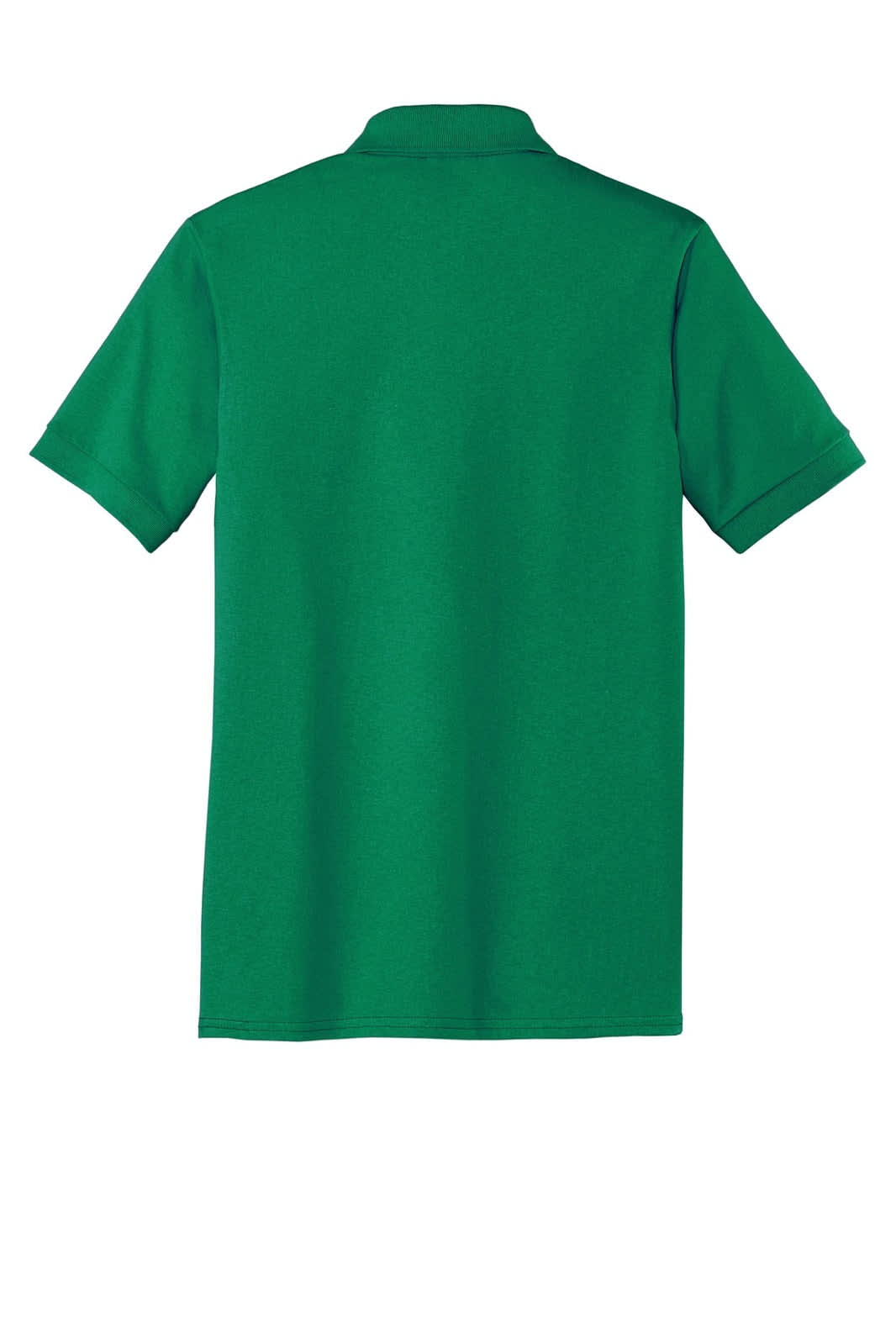 A green polo shirt featuring a collar and short sleeves, with a small logo on the back.