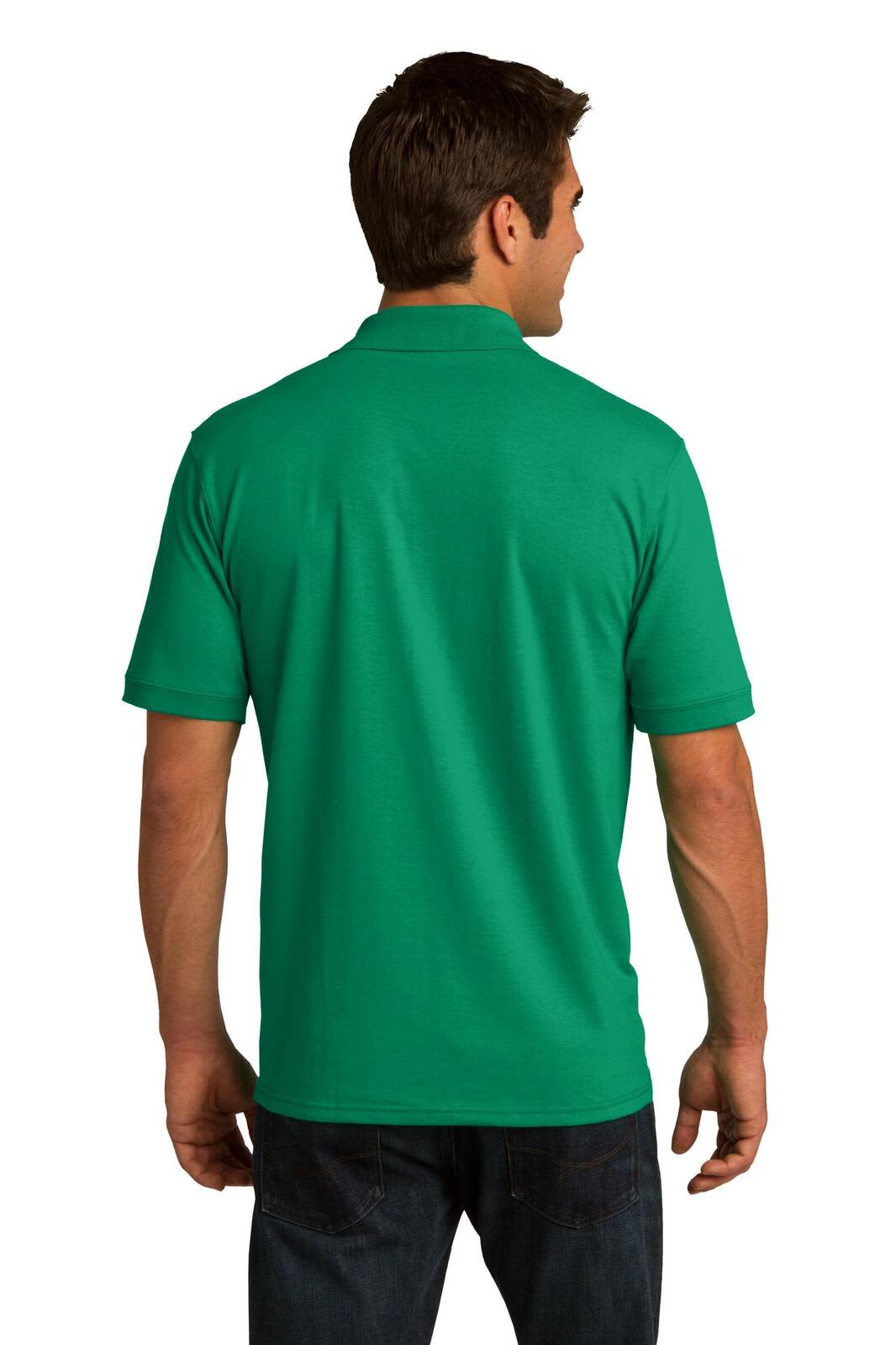 A green polo shirt with short sleeves and a collar, featuring a logo on the upper back.