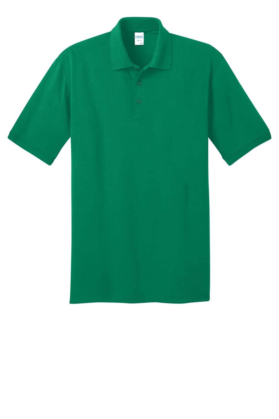 A green polo shirt made from a jersey knit material, featuring a collar and three buttons, with a logo present.
