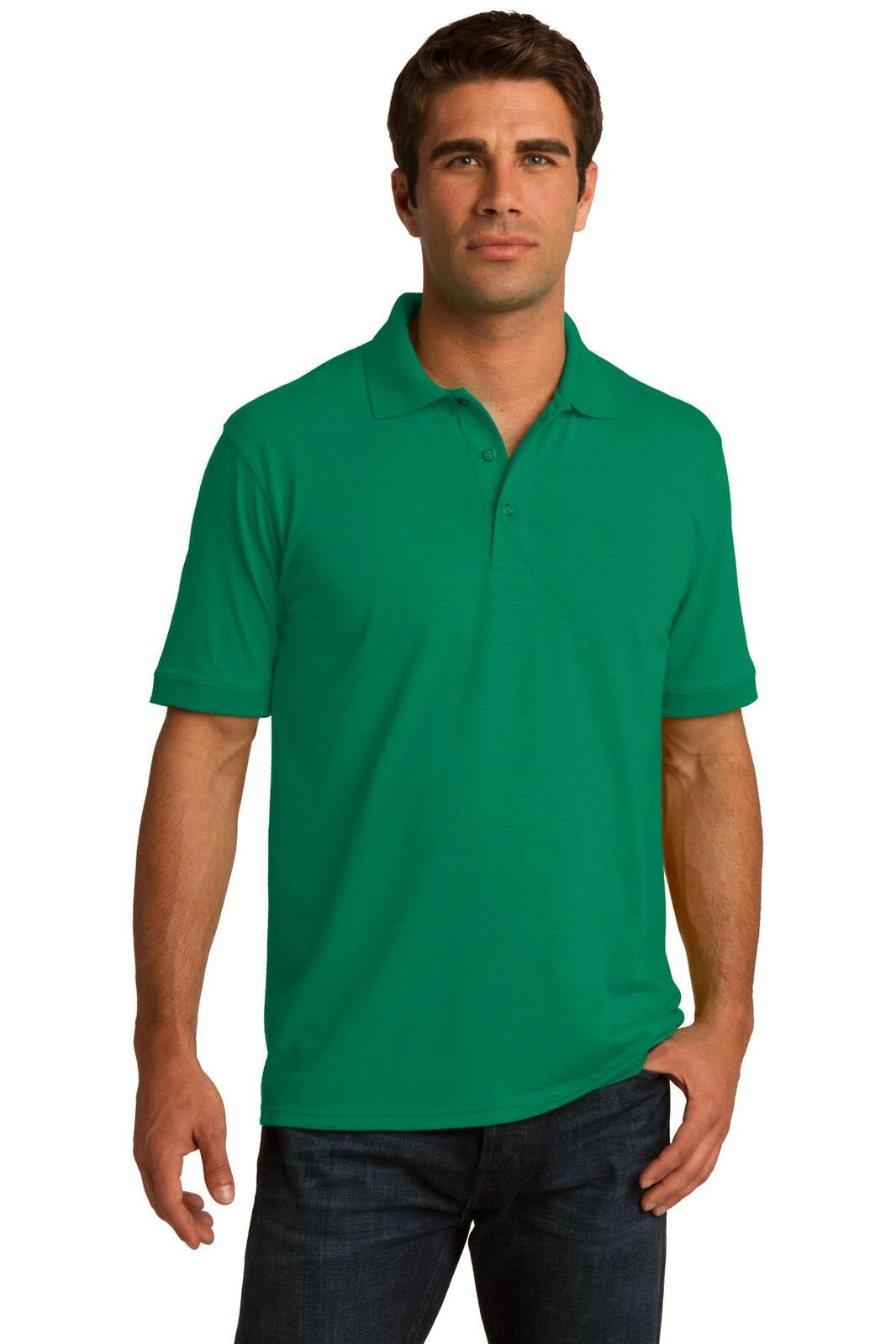 A green polo shirt displayed on a male model, featuring a collar and short sleeves, with a logo on the chest.