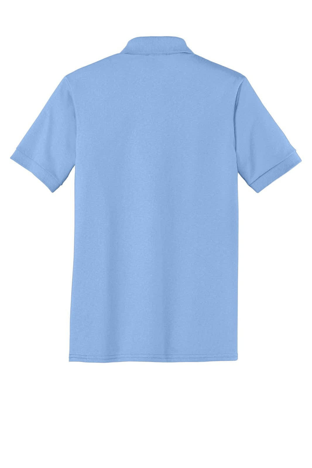 A light blue polo shirt featuring short sleeves and a collar, with one logo on the fabric.