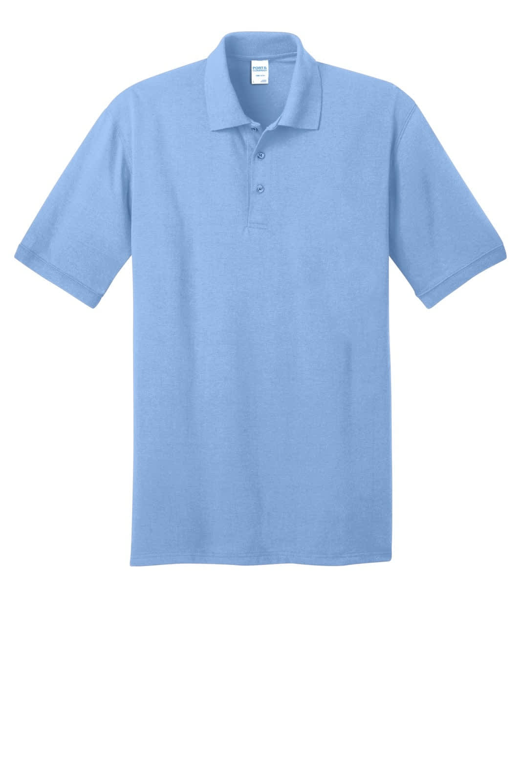 A light blue polo shirt featuring a classic collar and a logo on the chest. Short sleeves with three button closure.