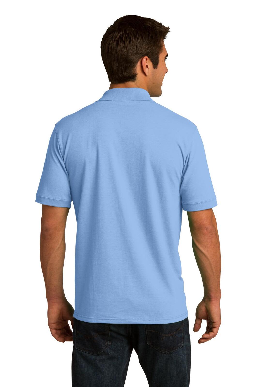 A man is wearing a light blue polo shirt, shown from the back. The shirt has a logo on it.