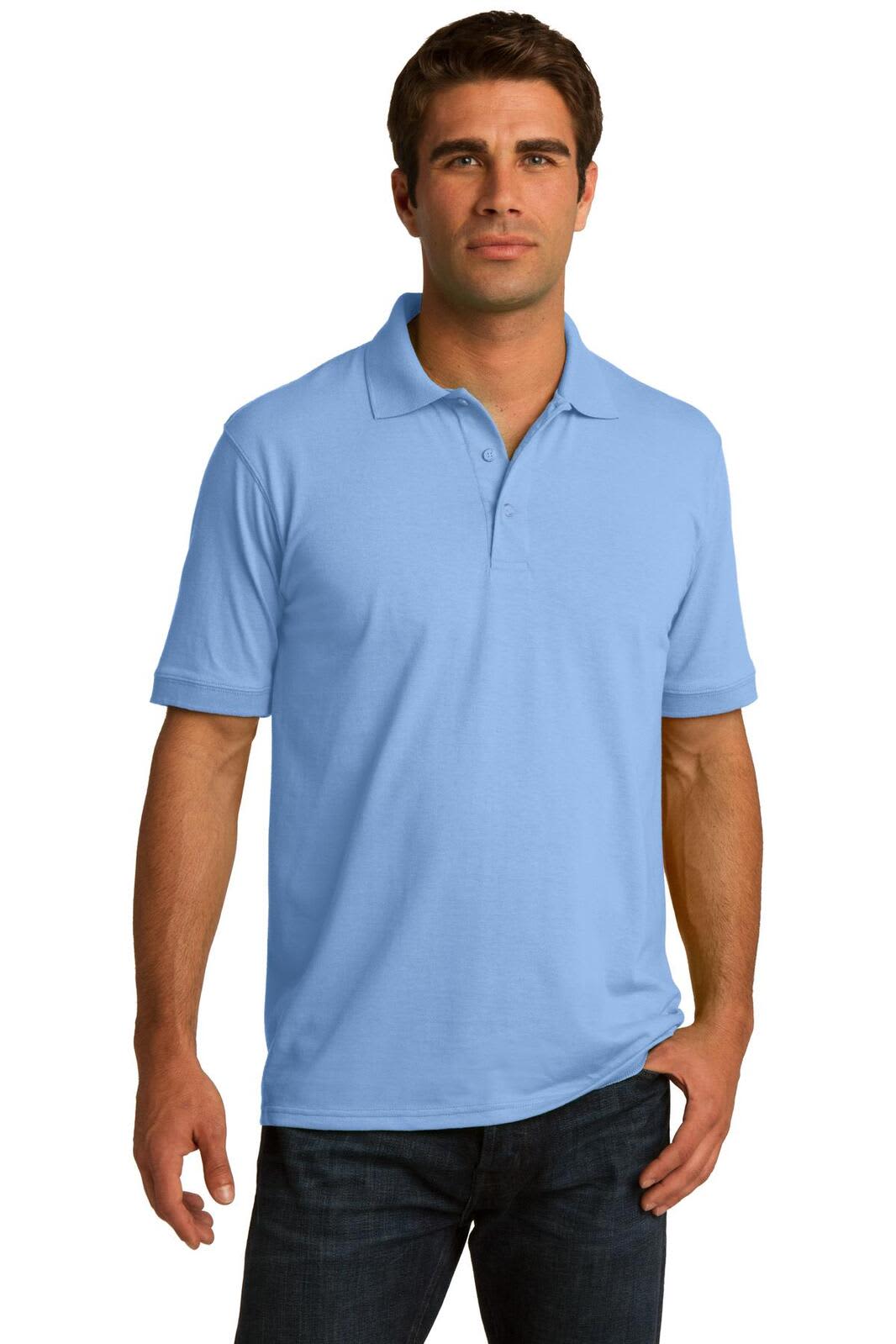 A light blue polo shirt with a collar and short sleeves, featuring a logo on the chest.