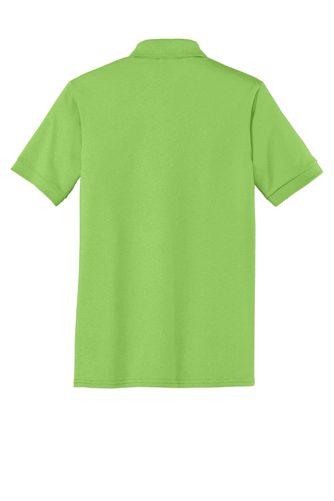 A bright green polo shirt with a classic collar and short sleeves, featuring a logo on the back.