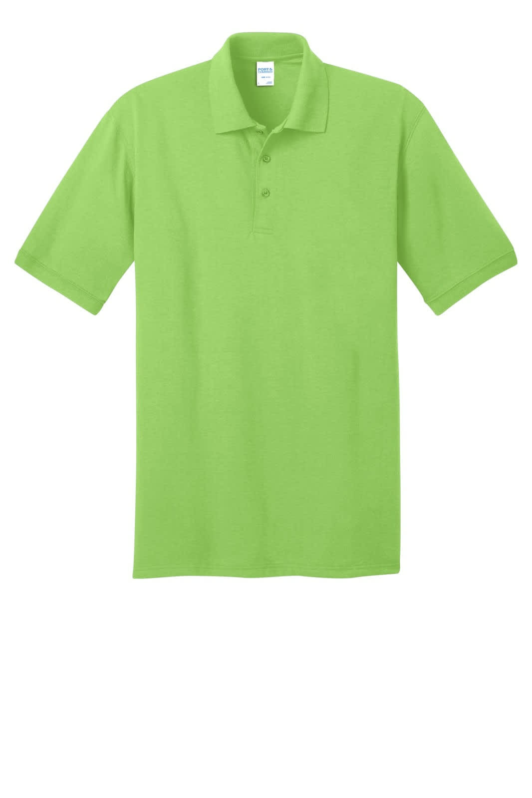 A bright green polo shirt with a classic collar and three buttons, featuring a small logo on the chest.