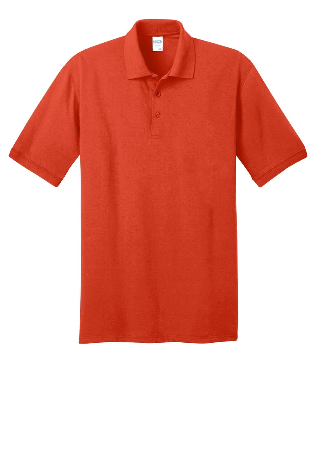 An orange polo shirt featuring a three-button placket and a logo on the chest.