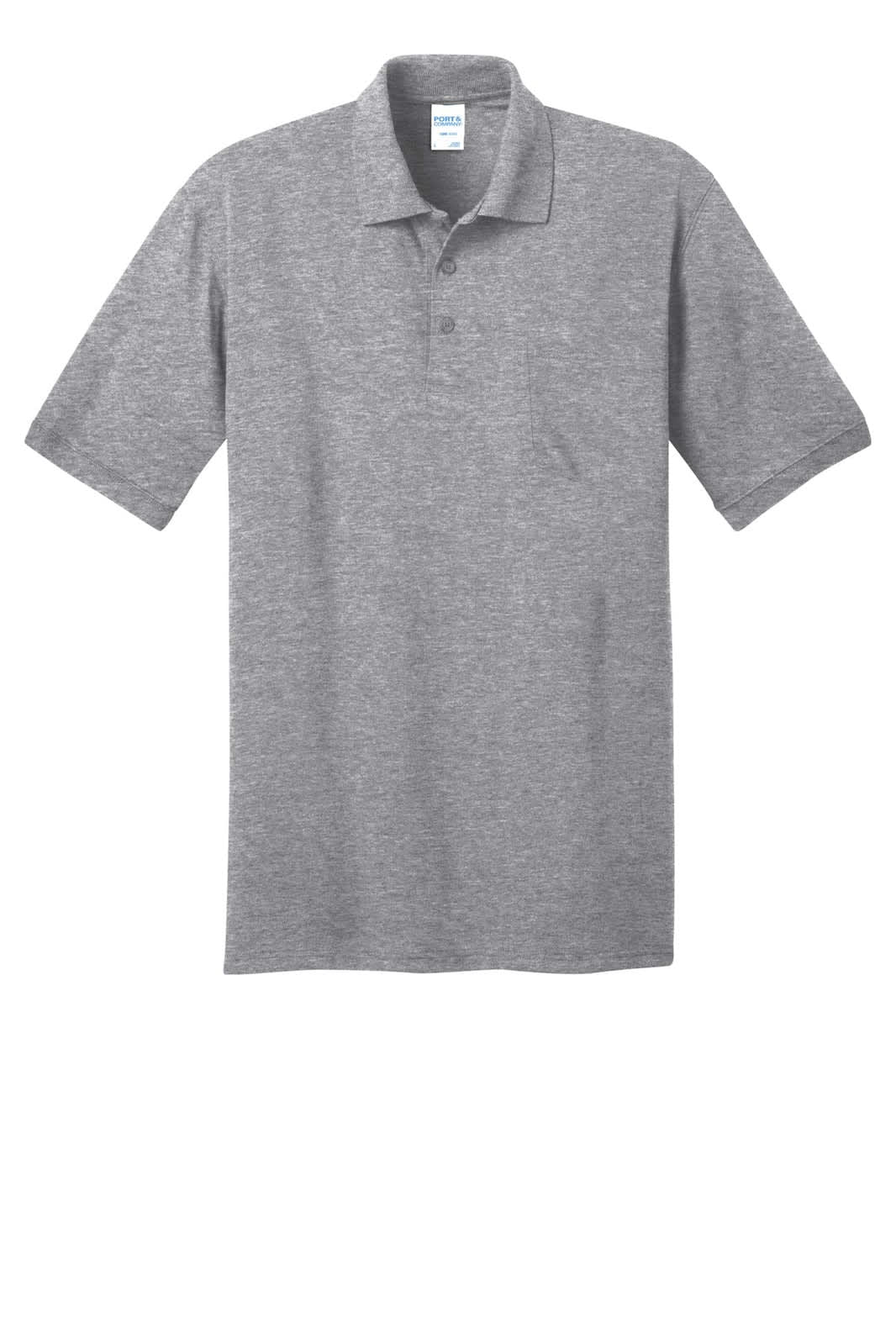 A grey polo shirt with a pocket and a tag. It features a collar and short sleeves, along with a logo.