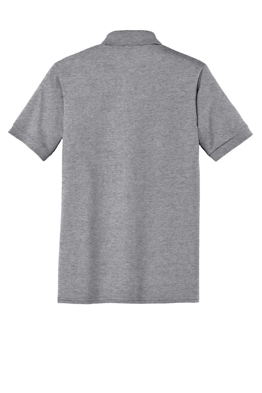 A grey polo shirt with a collar and short sleeves, featuring a pocket and a logo.