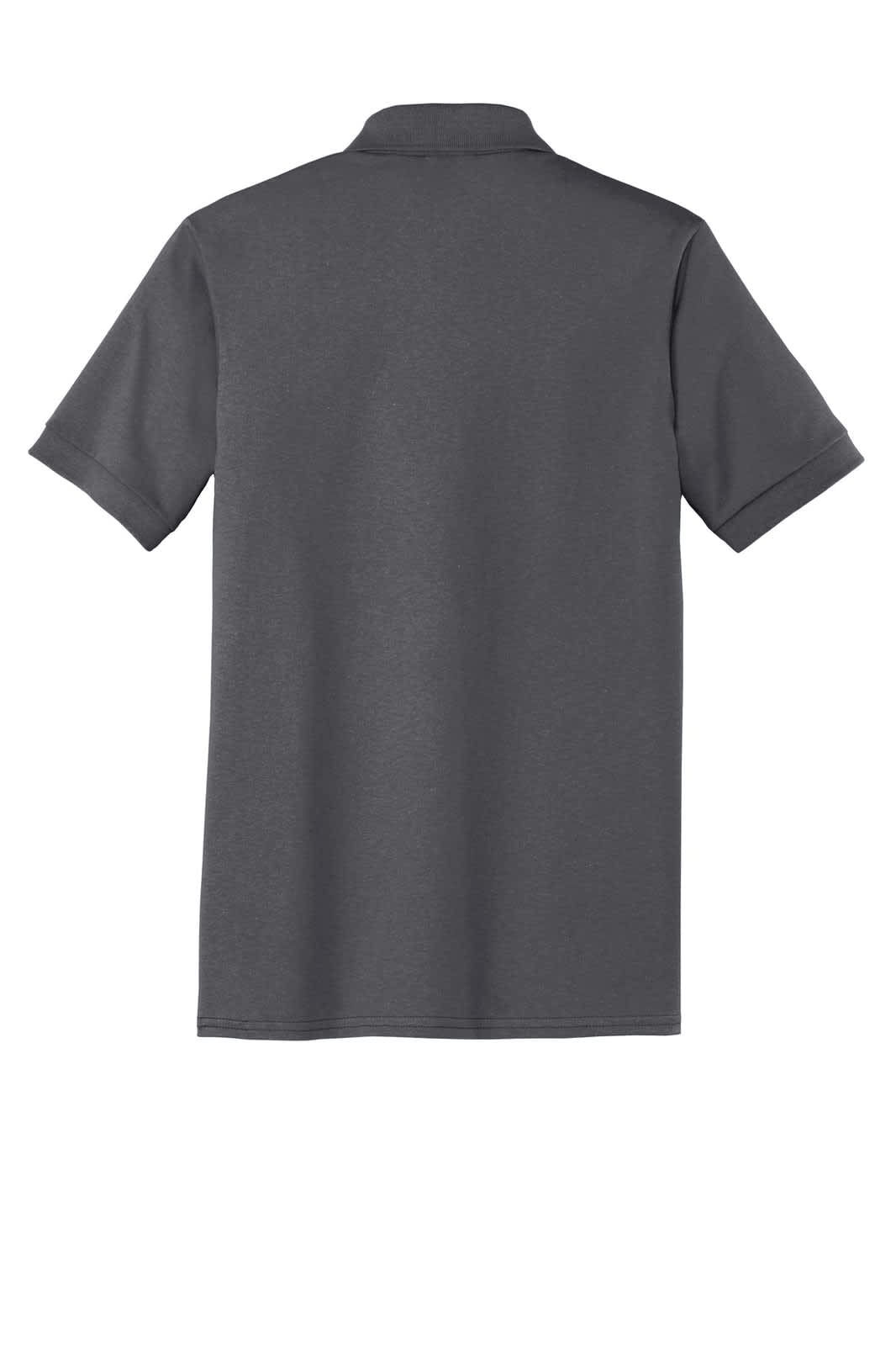 A grey polo shirt featuring a pocket and rolled sleeves, with a logo on the front.