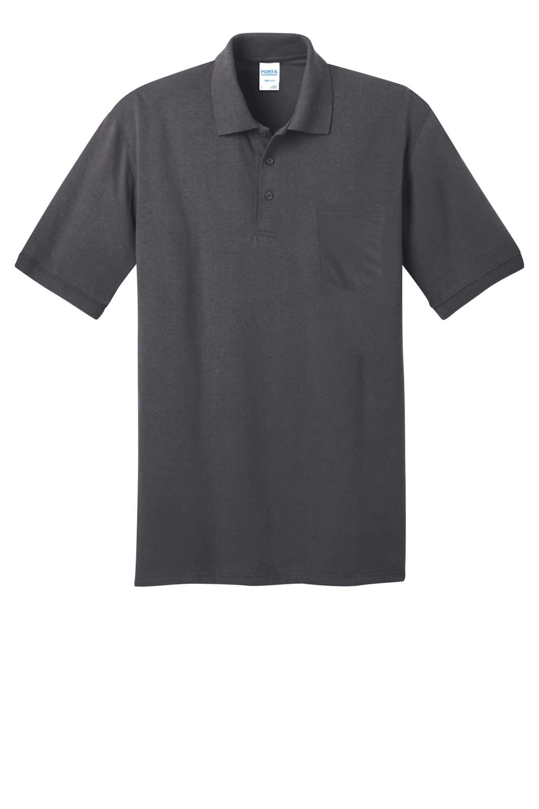 A dark grey polo shirt featuring a pocket and a collar, with a logo on the fabric.
