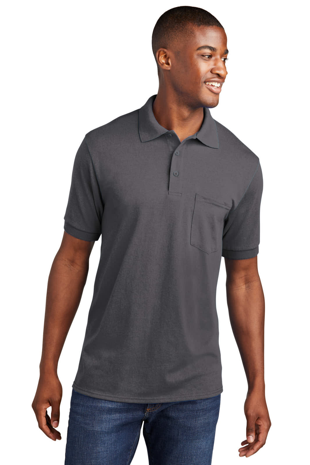 A man models a charcoal grey polo shirt with a pocket, featuring short sleeves and a collar.