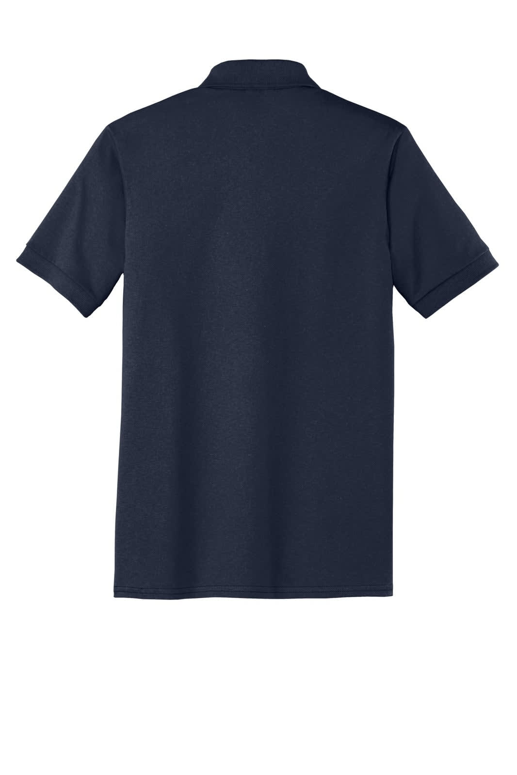 A navy blue polo shirt featuring a collar and short sleeves, with a pocket and a logo.
