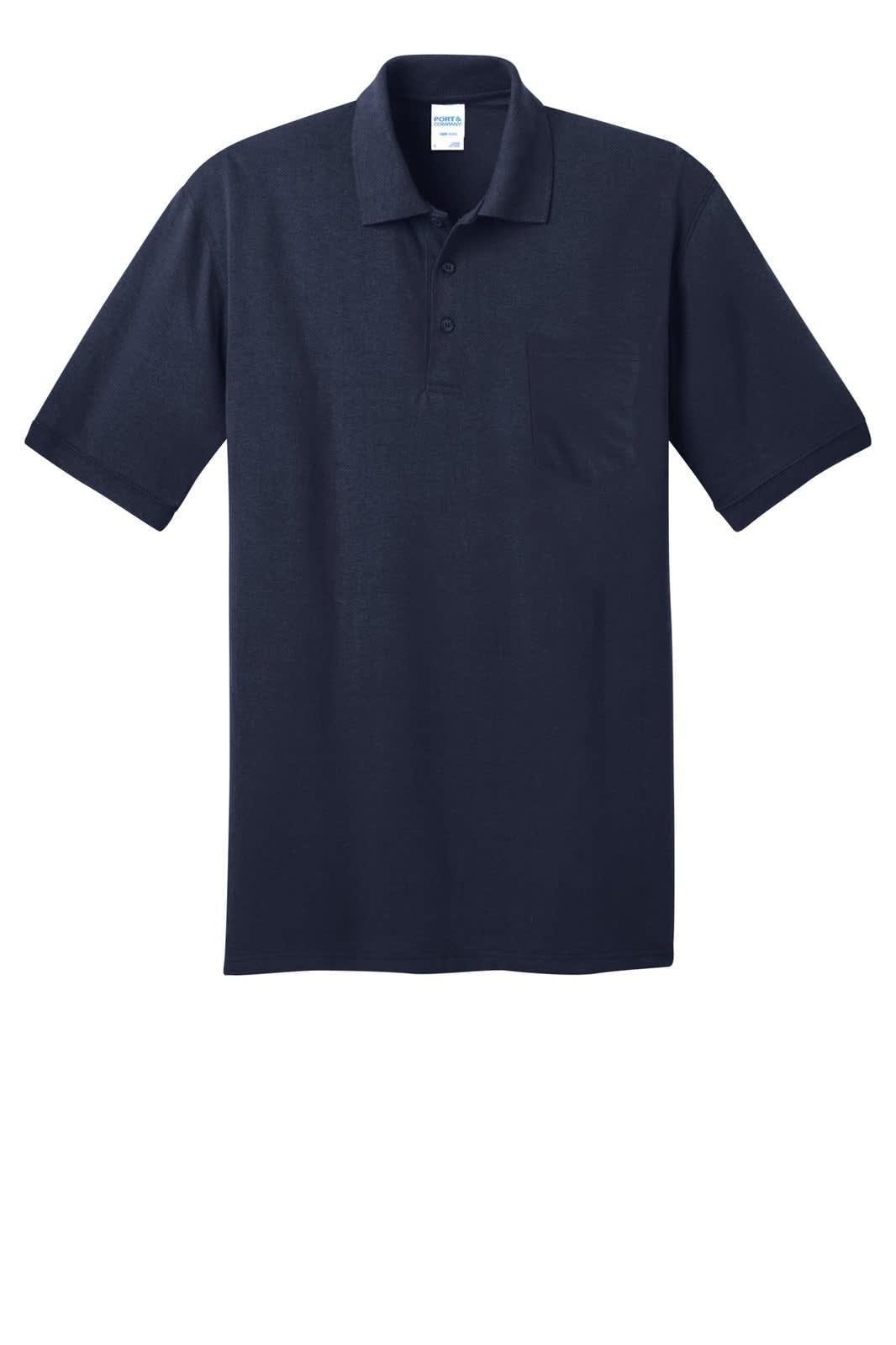 A navy blue polo shirt with a pocket, featuring a collar and short sleeves. The shirt has a logo on it.