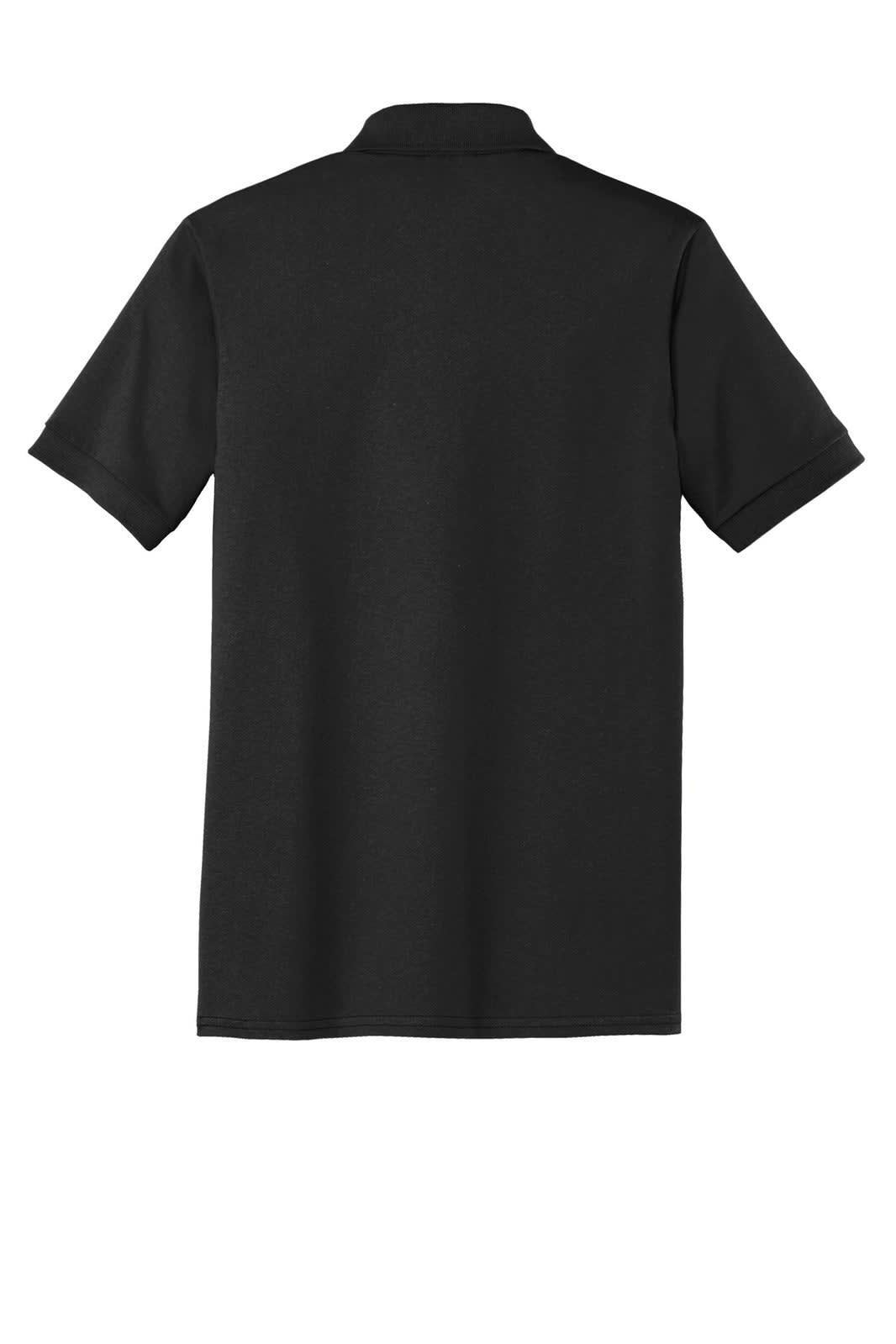A black polo shirt with a pocket and short sleeves, featuring a logo on the side.