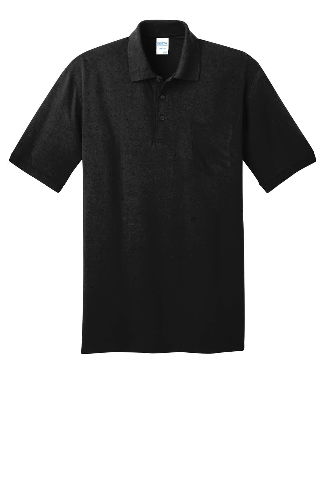 A black polo shirt featuring a pocket, made from a jersey knit blend, with a logo on the label.