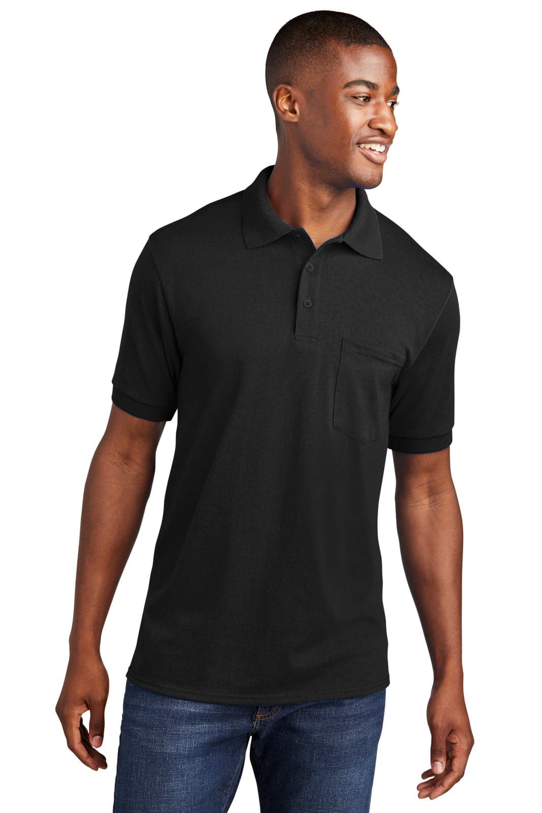A black polo shirt with a pocket, featuring a collared neck and short sleeves, worn by a smiling model.