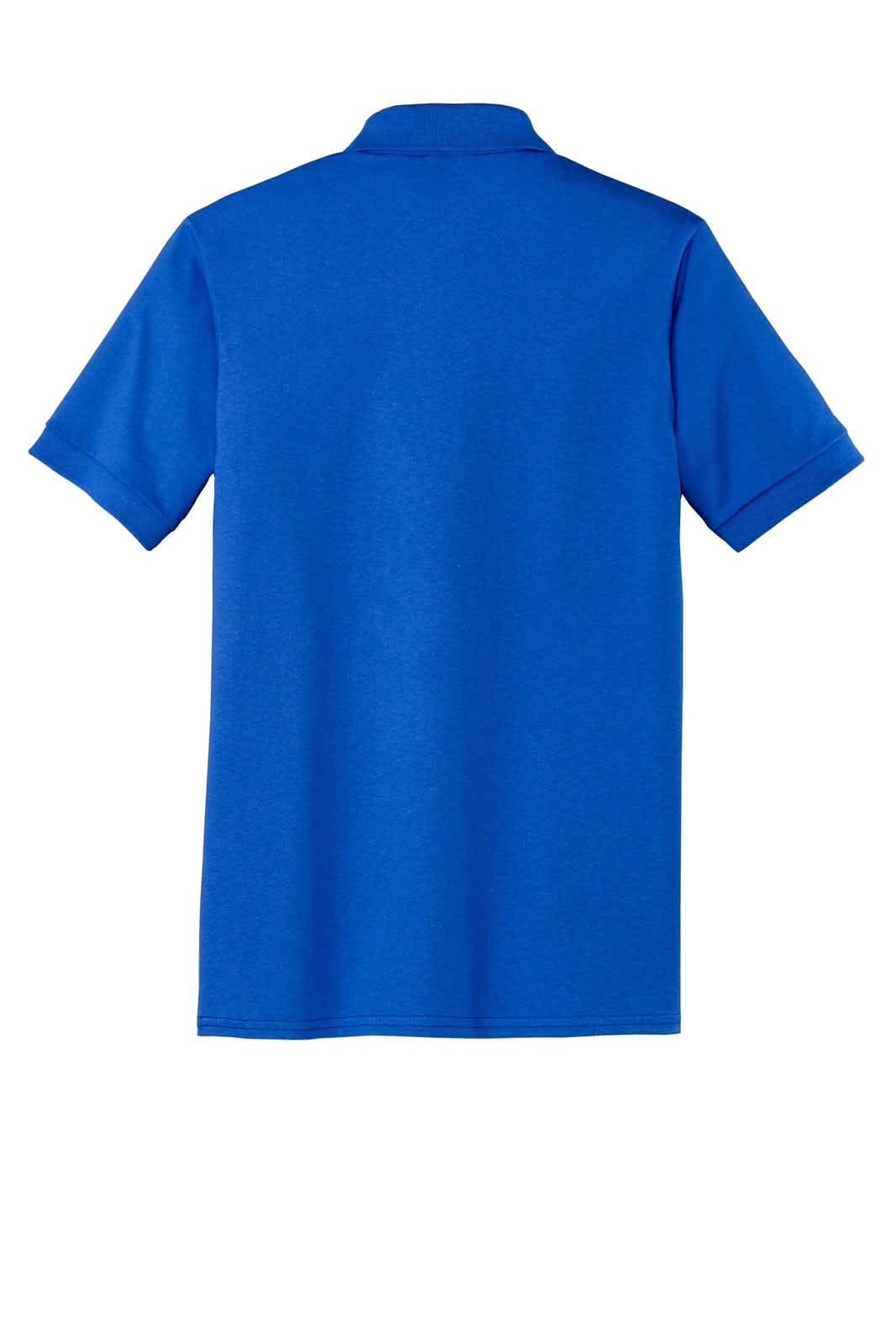 A blue polo shirt with a pocket and a logo on the chest, featuring short sleeves and a collared neck.