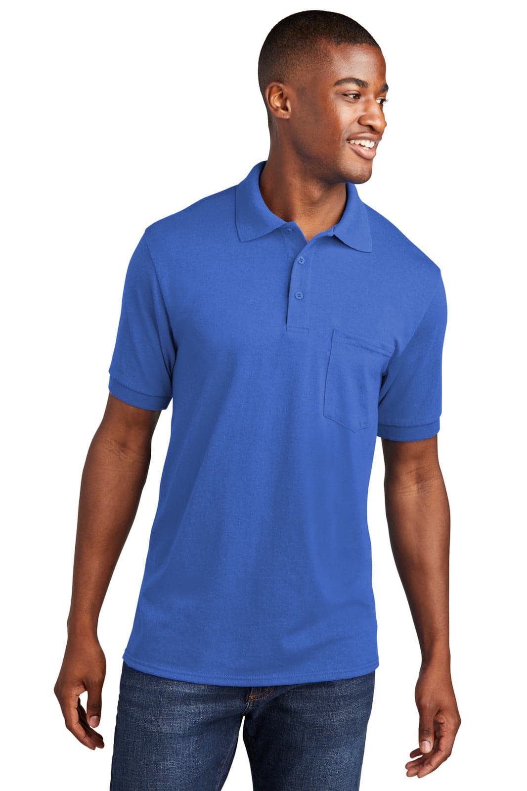 A blue polo shirt featuring a pocket, designed for comfort and style, displayed on a model smiling.