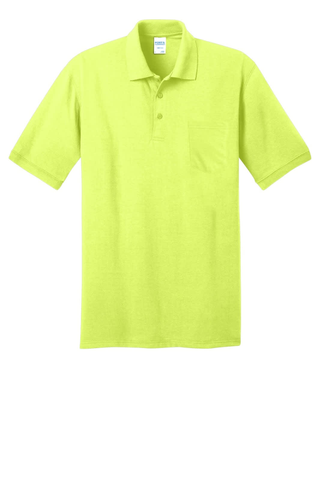A lime green polo shirt with a pocket and a logo on the chest. Short sleeves and a classic collar design.