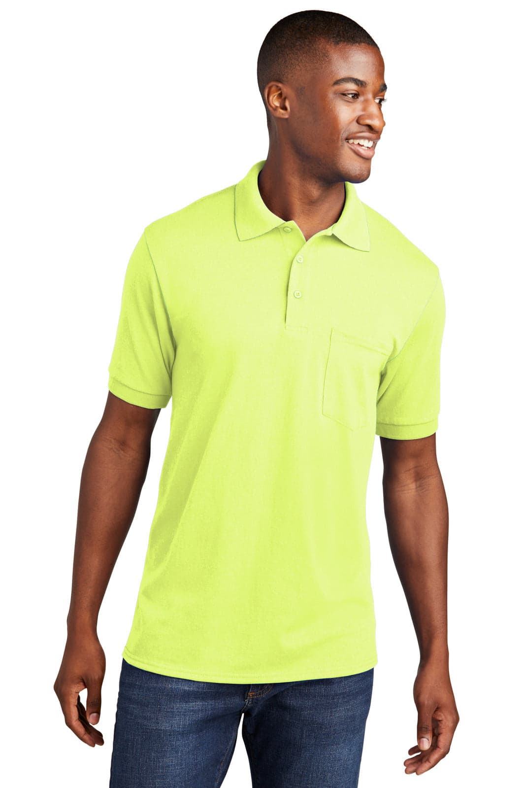 A man models a bright lime-green polo shirt with a pocket, featuring a logo on it.