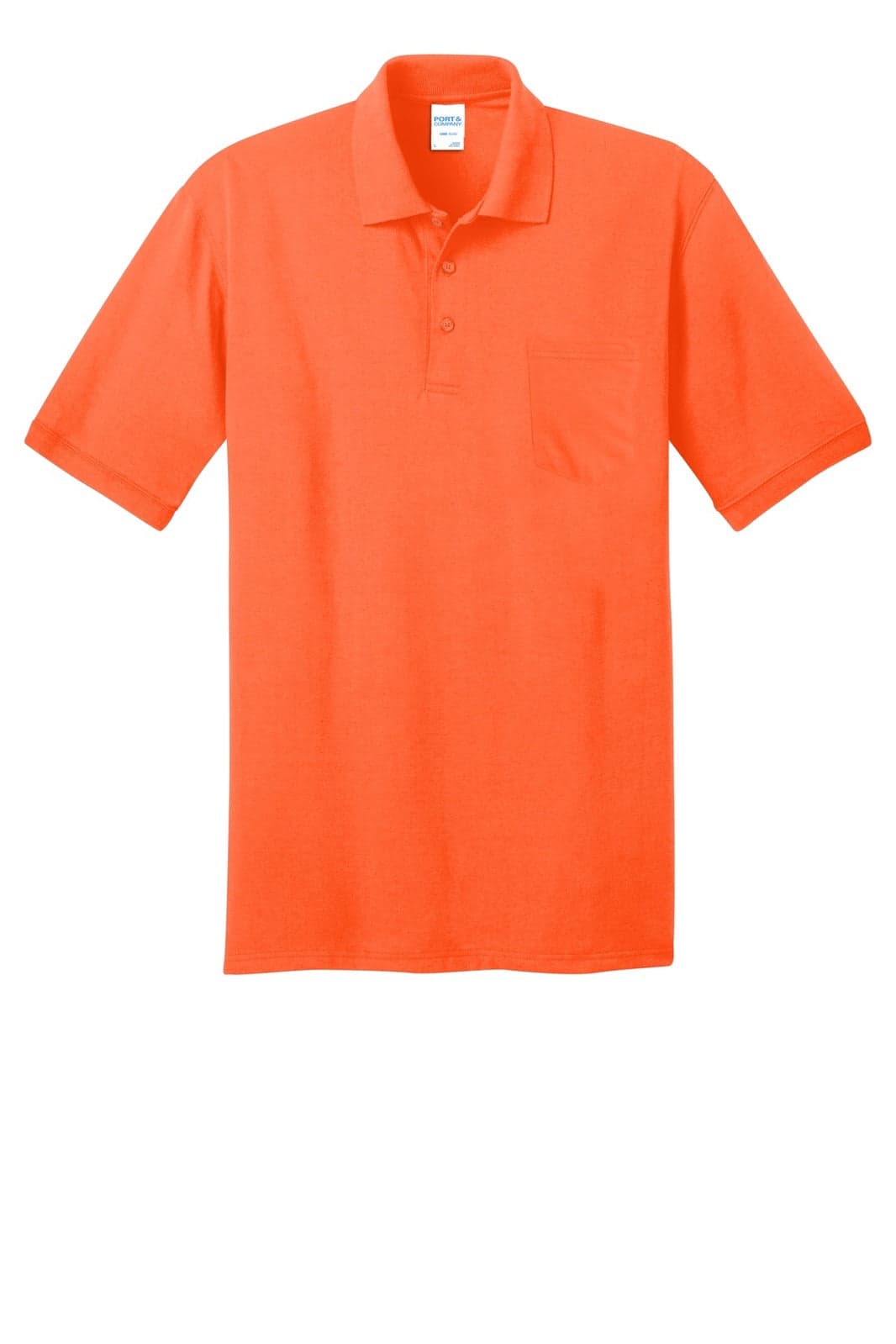 An orange polo shirt featuring a pocket and a branded label on the collar. Short sleeves complete the design.