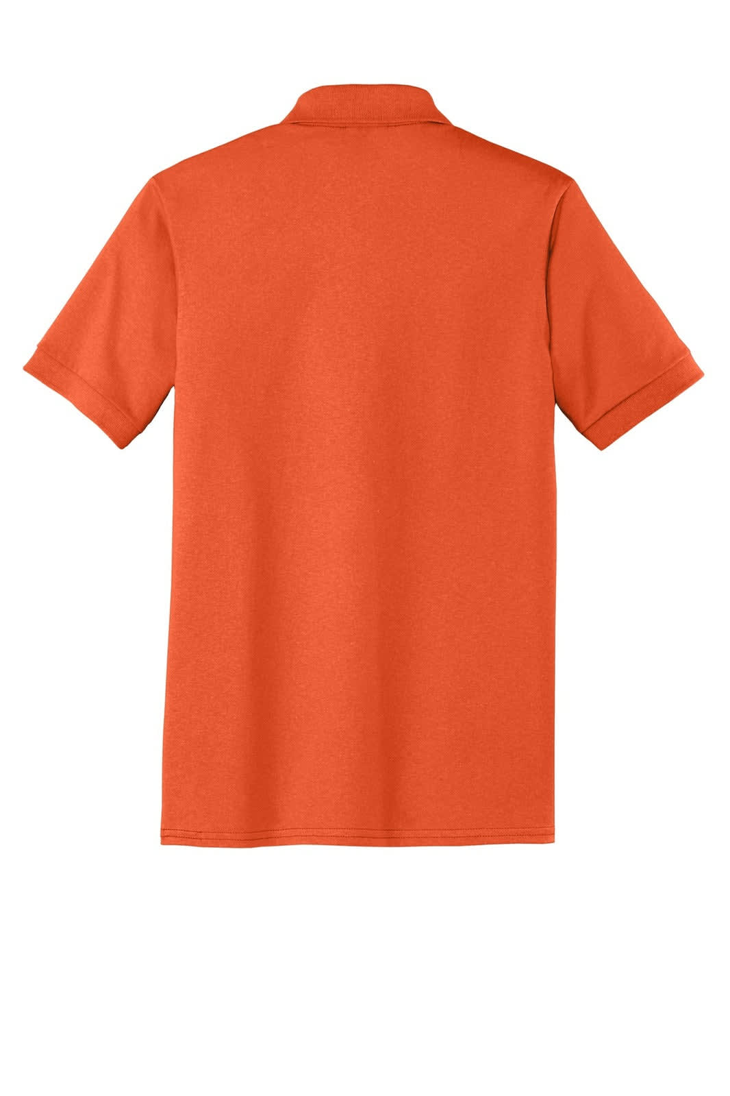 An orange polo shirt with a collar and short sleeves, featuring a pocket and a logo.