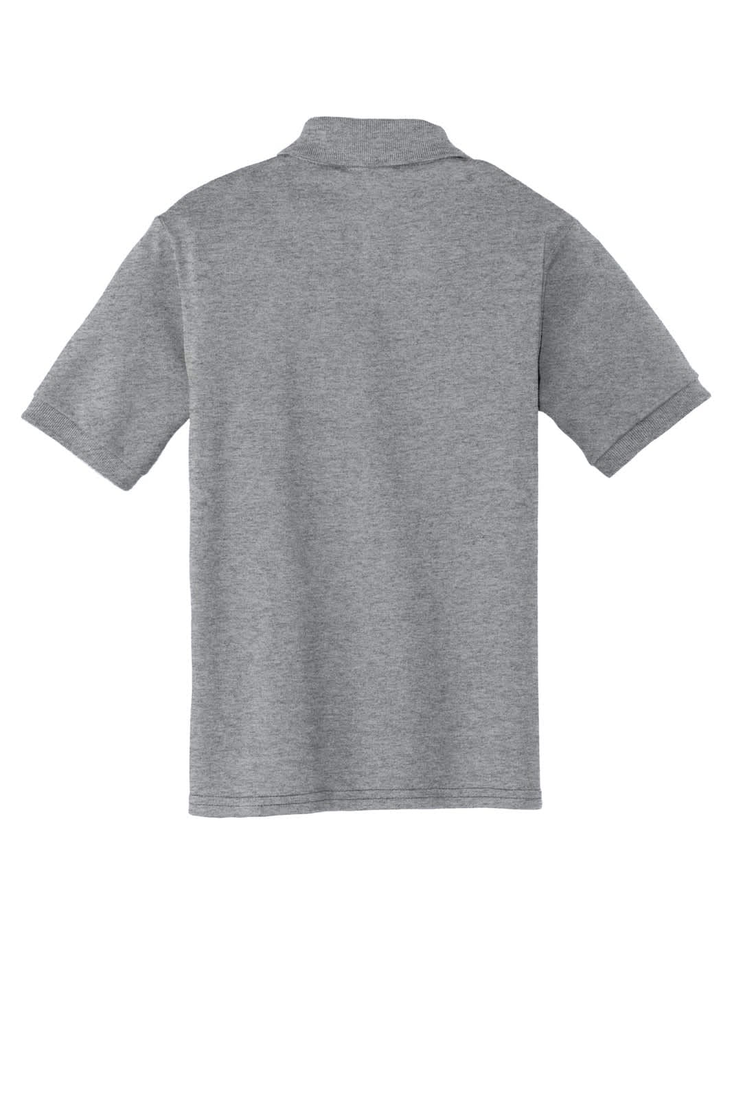 A grey youth polo shirt featuring short sleeves and a classic collar. It has a branding logo.