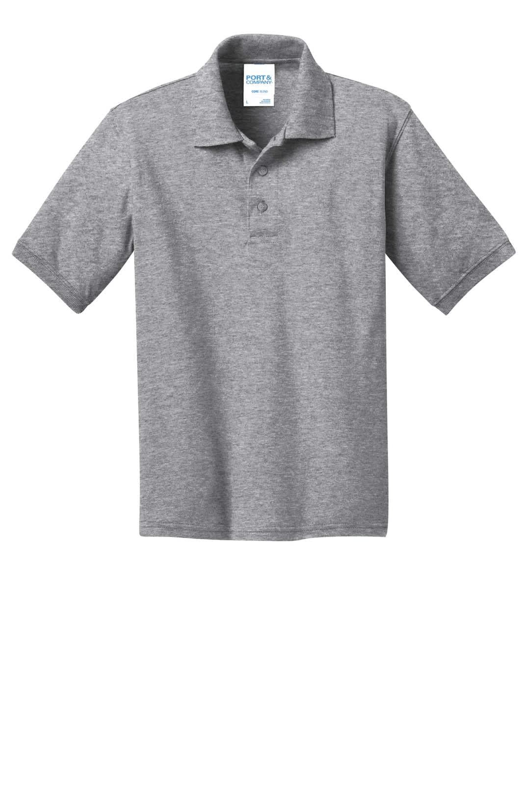 A grey youth polo shirt with a collar and three-button placket, featuring a branding logo.