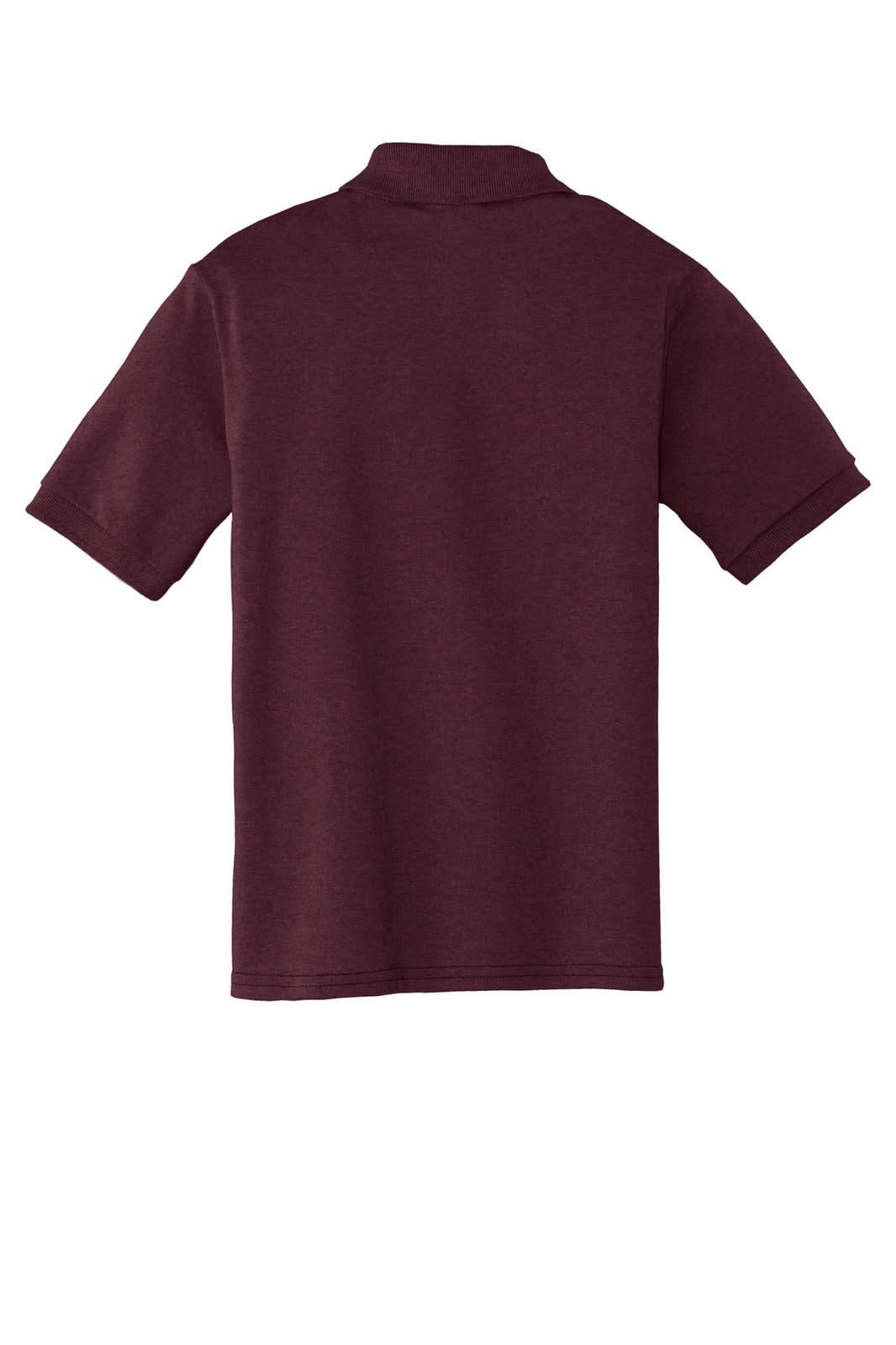 A maroon youth polo shirt with short sleeves and a collar, featuring a logo on the back.