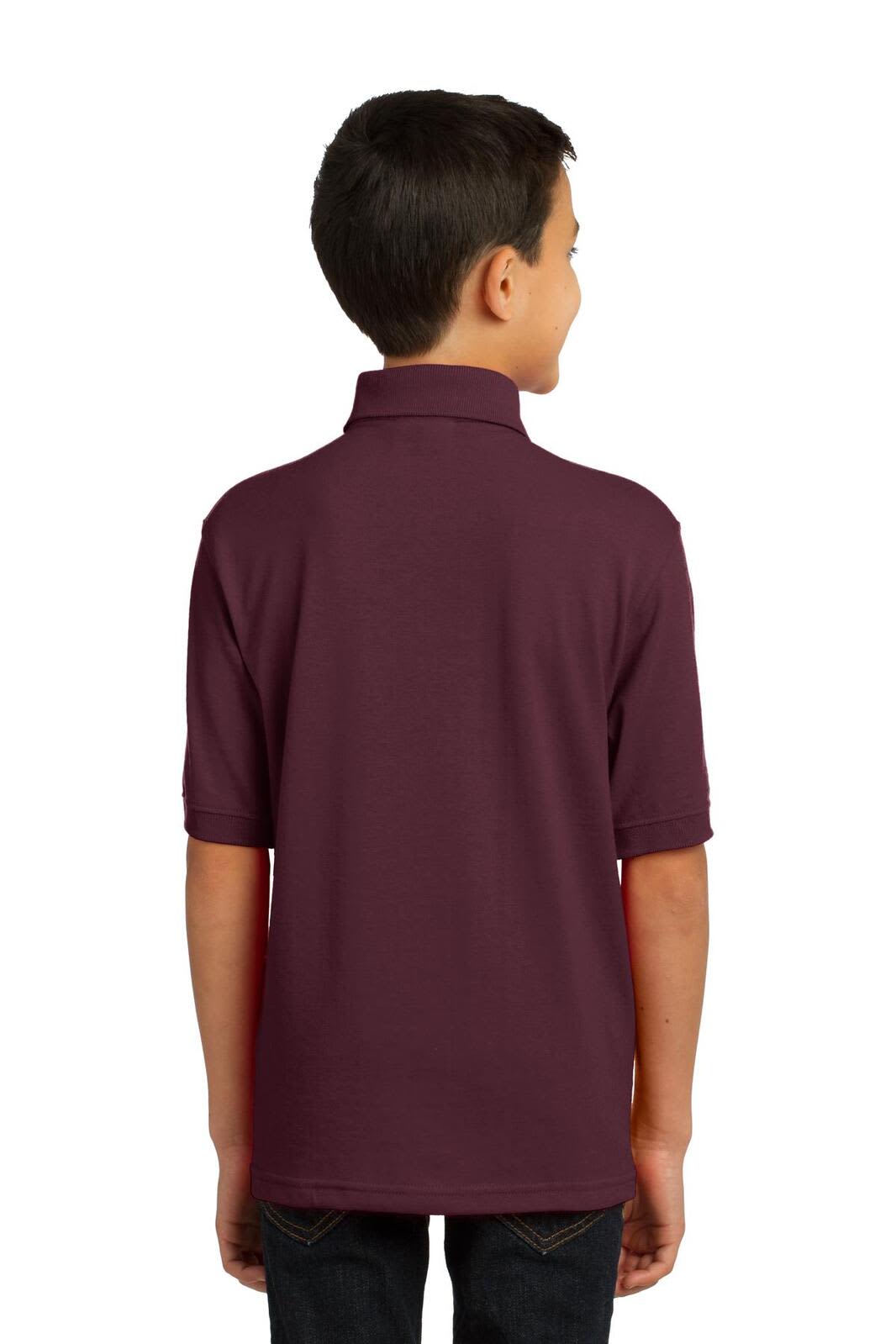 A maroon youth polo shirt with a collared neckline, viewed from the back. Features a logo on the upper side.