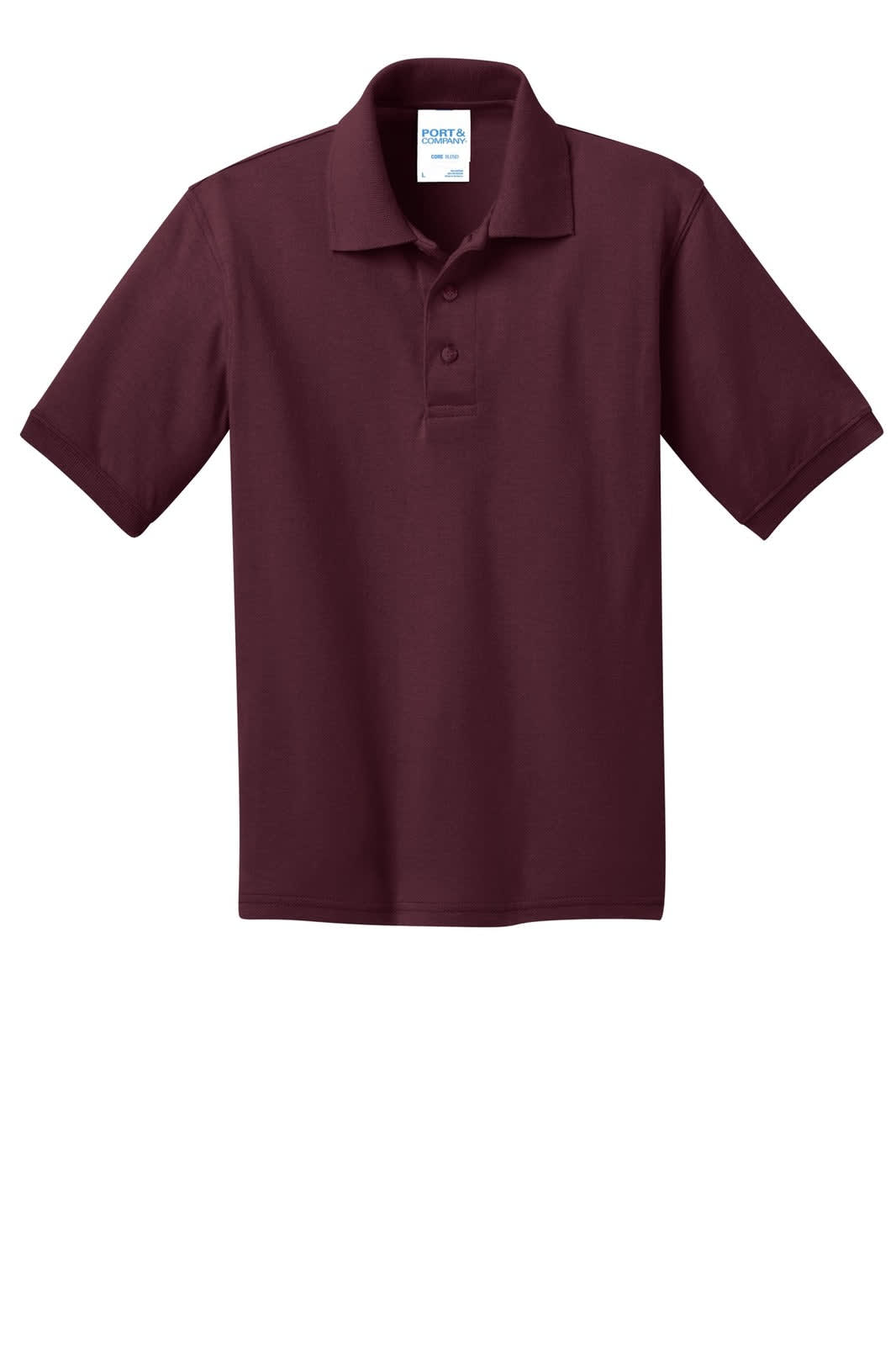 A maroon youth polo shirt featuring a collar and three-button placket, with a branding logo on the label.