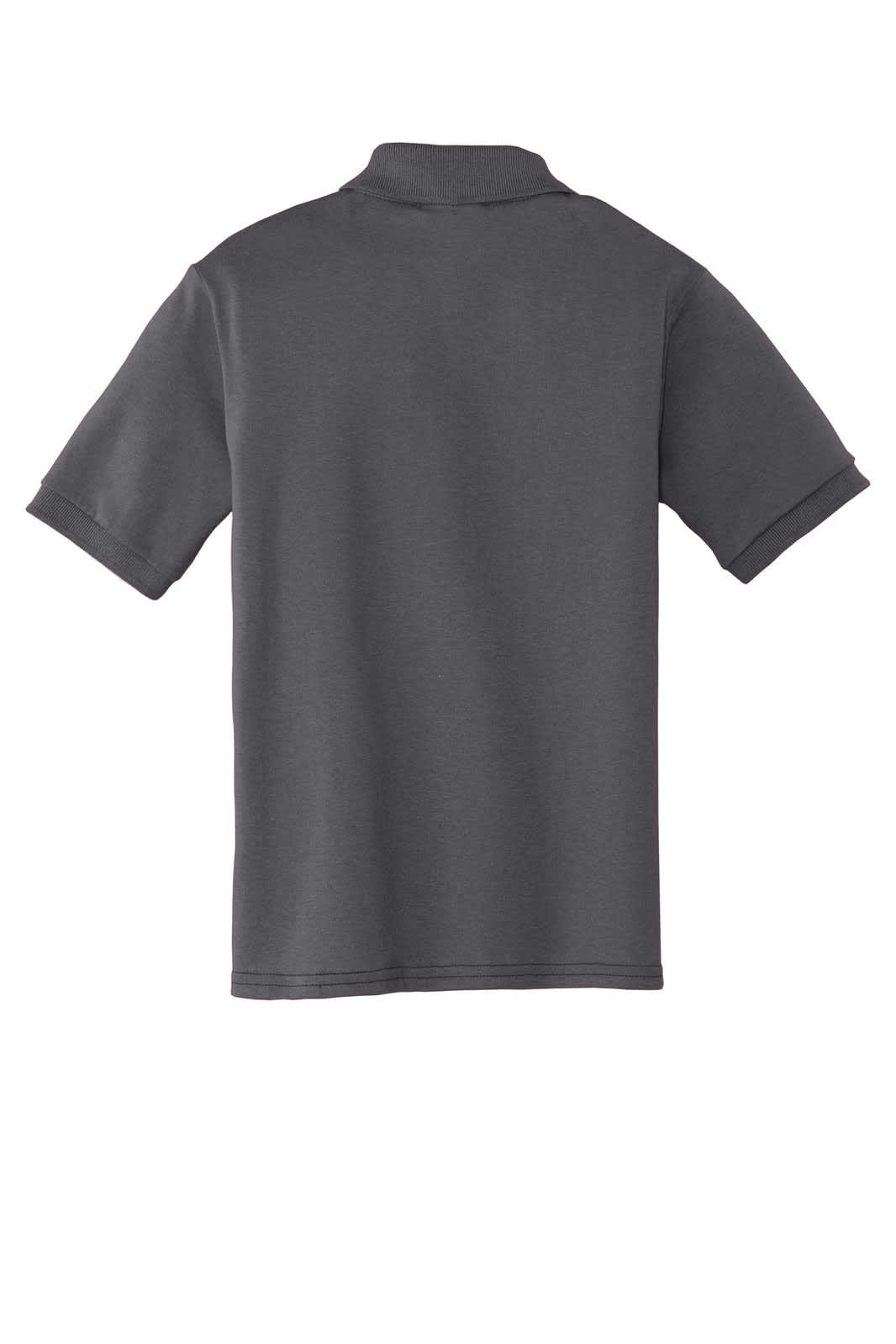 A grey youth polo shirt featuring short sleeves and a collar, with a visible logo on the back.