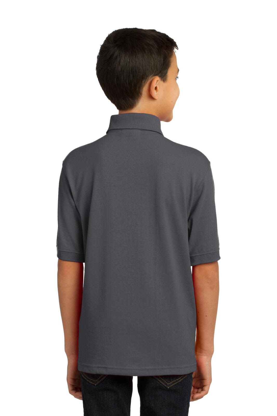 A youth grey polo shirt with a collared neck, view from the back, featuring a logo.