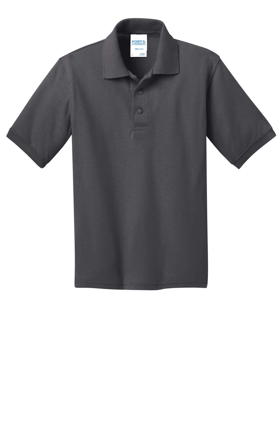A dark grey youth polo shirt with a collar and three-button placket, featuring a logo.