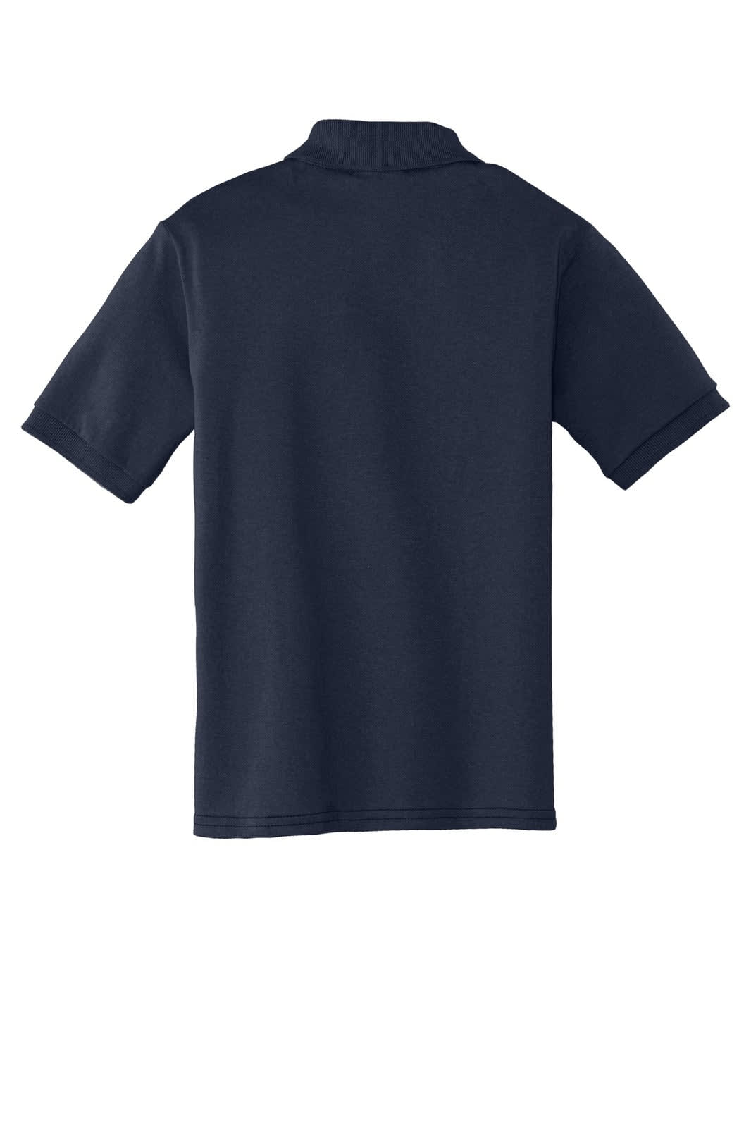 A navy blue youth polo shirt with a classic collar and short sleeves. It has a logo on the front.