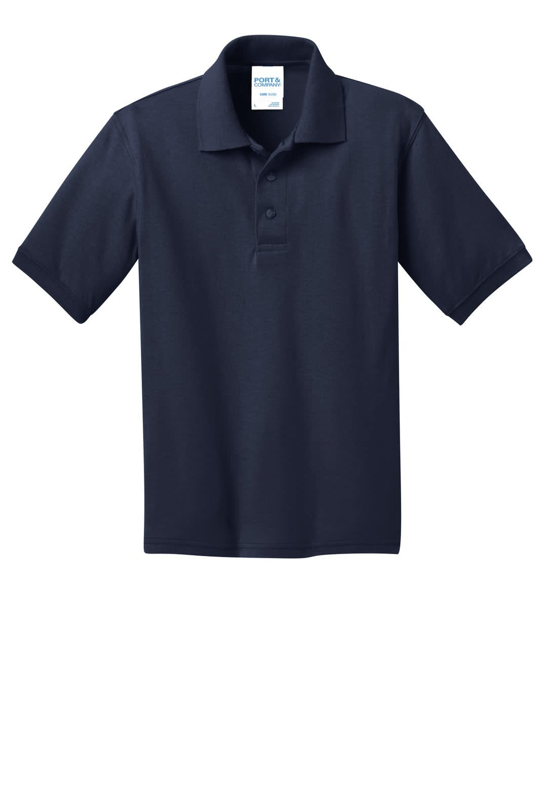 A navy blue youth polo shirt with a collar, short sleeves, and a logo on the upper left side.
