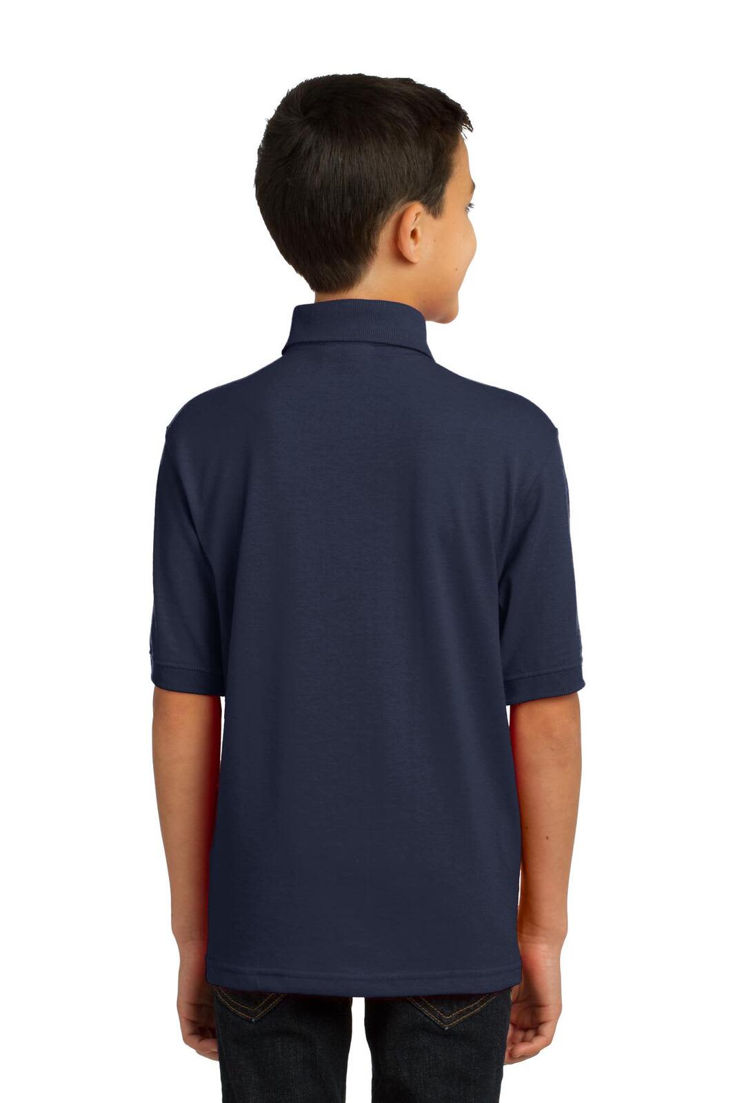 A navy blue youth polo shirt with short sleeves and a collar, featuring a logo on the back.