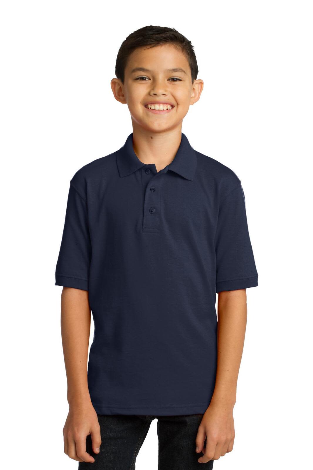 A youth in a navy blue polo shirt, featuring a collar and short sleeves, with a logo on the chest.
