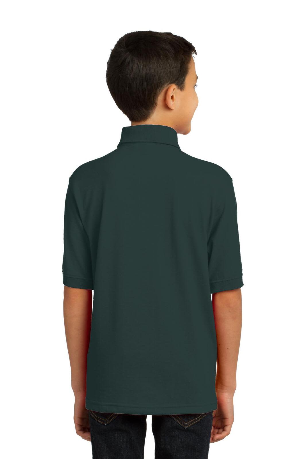 A youth polo shirt in dark green, featuring a collar and short sleeves, worn from the back. It has a logo.