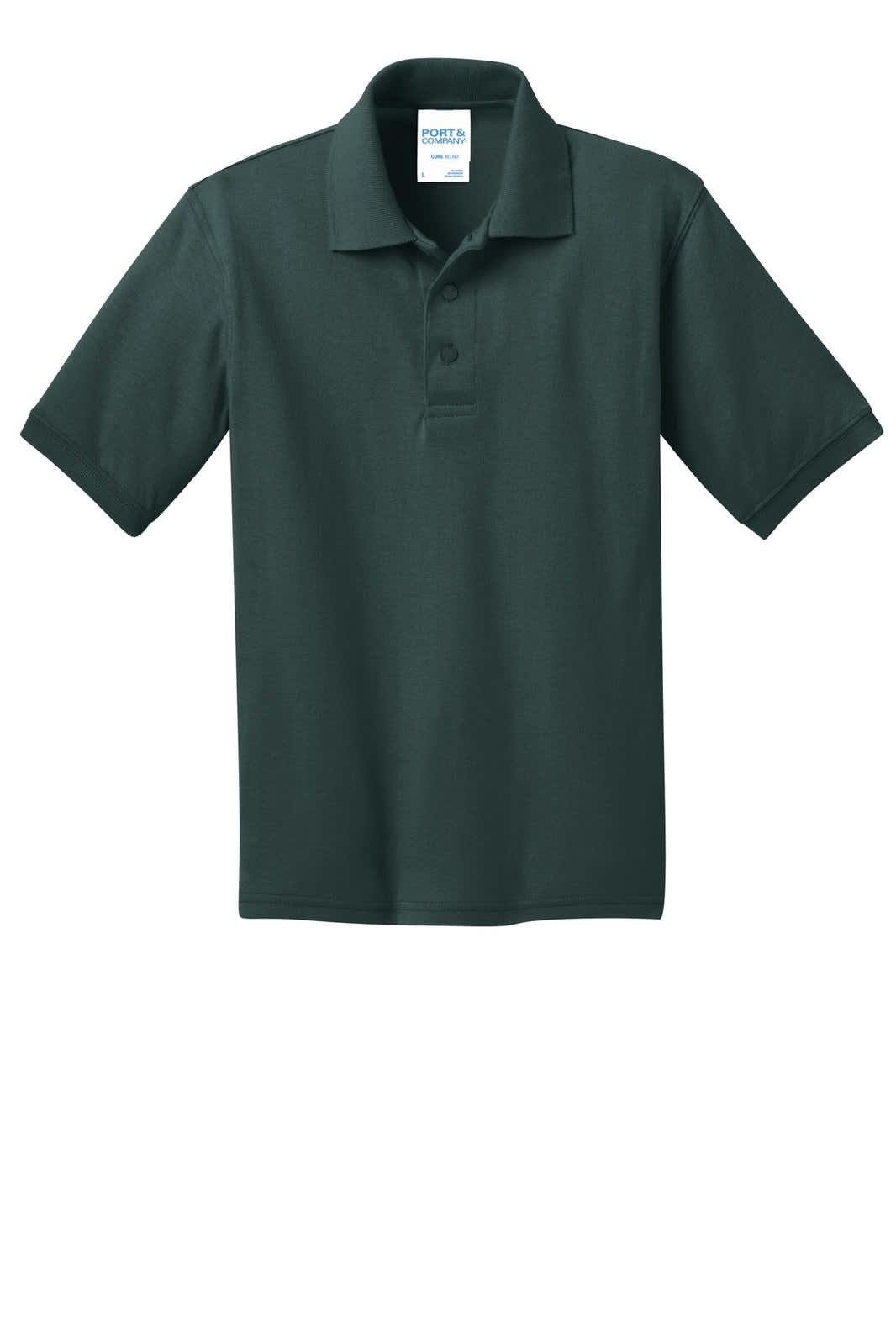 A dark green youth polo shirt with a collar, short sleeves, and a logo on the upper part.