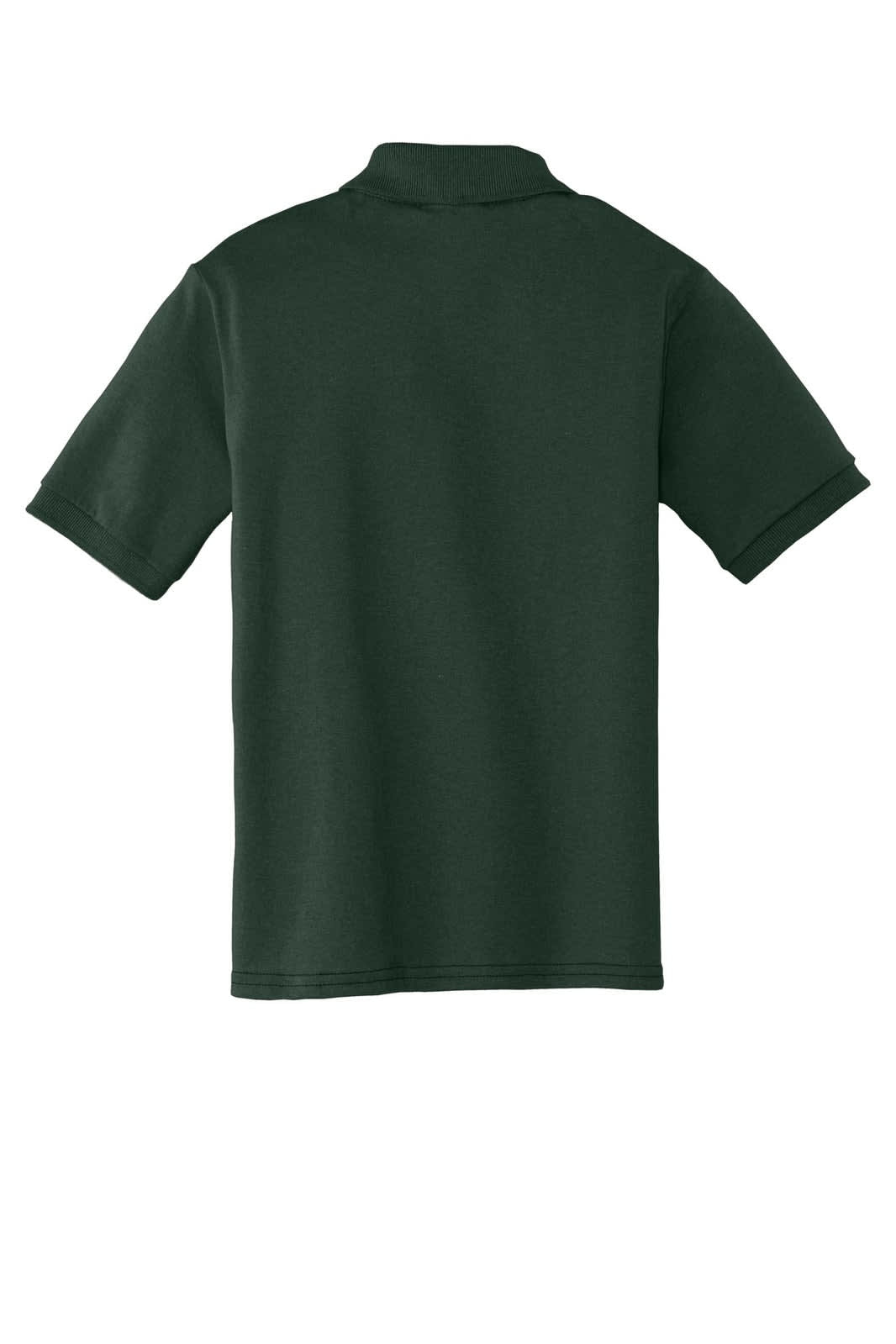 A dark green youth polo shirt featuring short sleeves and a collar, with a logo on the back.