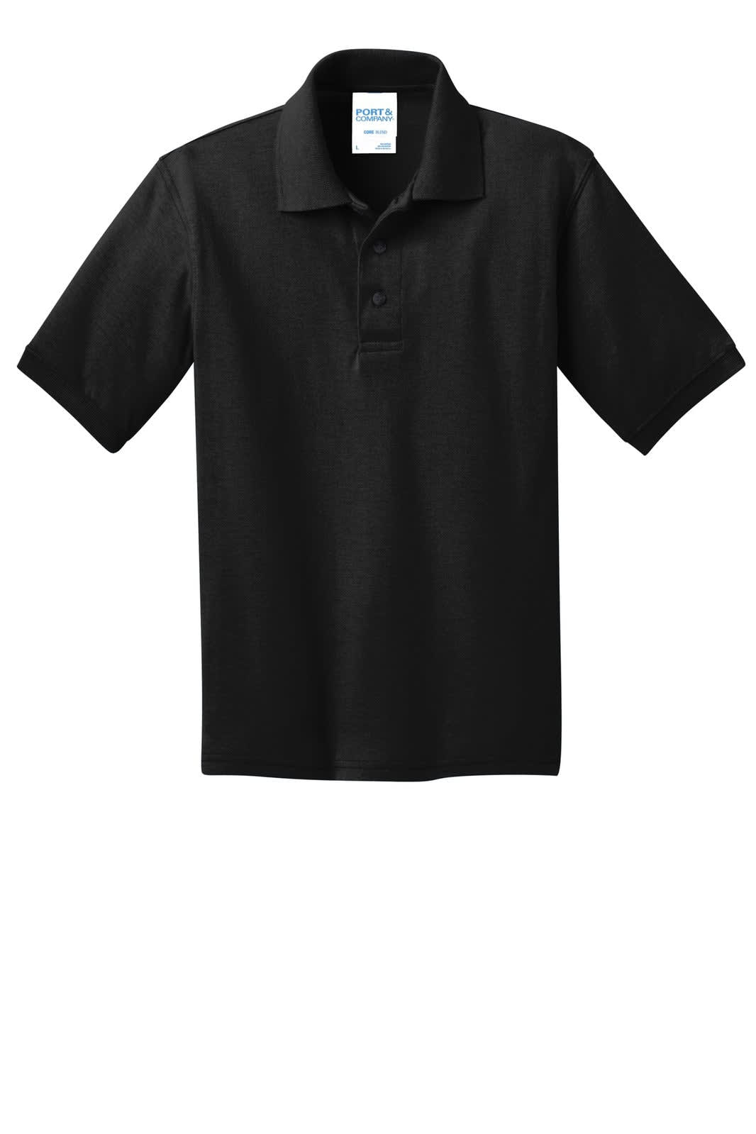 A black youth polo shirt with a classic collar and short sleeves, featuring a logo on the label.
