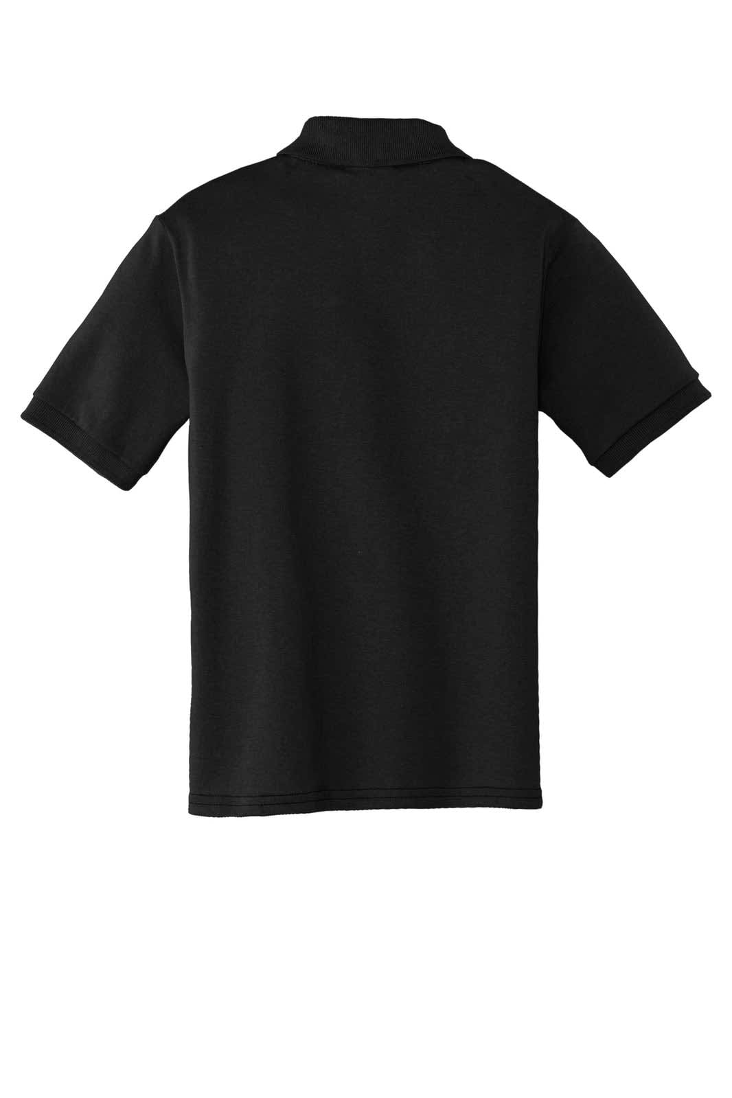 A black youth polo shirt with short sleeves and a collar, featuring a brand logo on the back.
