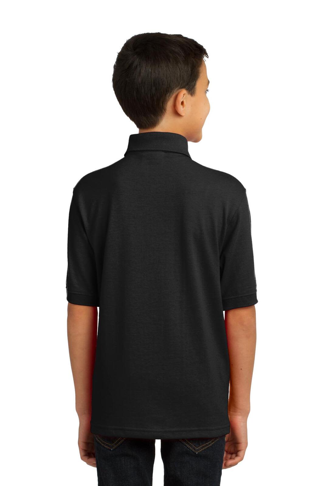 A child wearing a black youth polo shirt viewed from the back, featuring short sleeves and a collar.