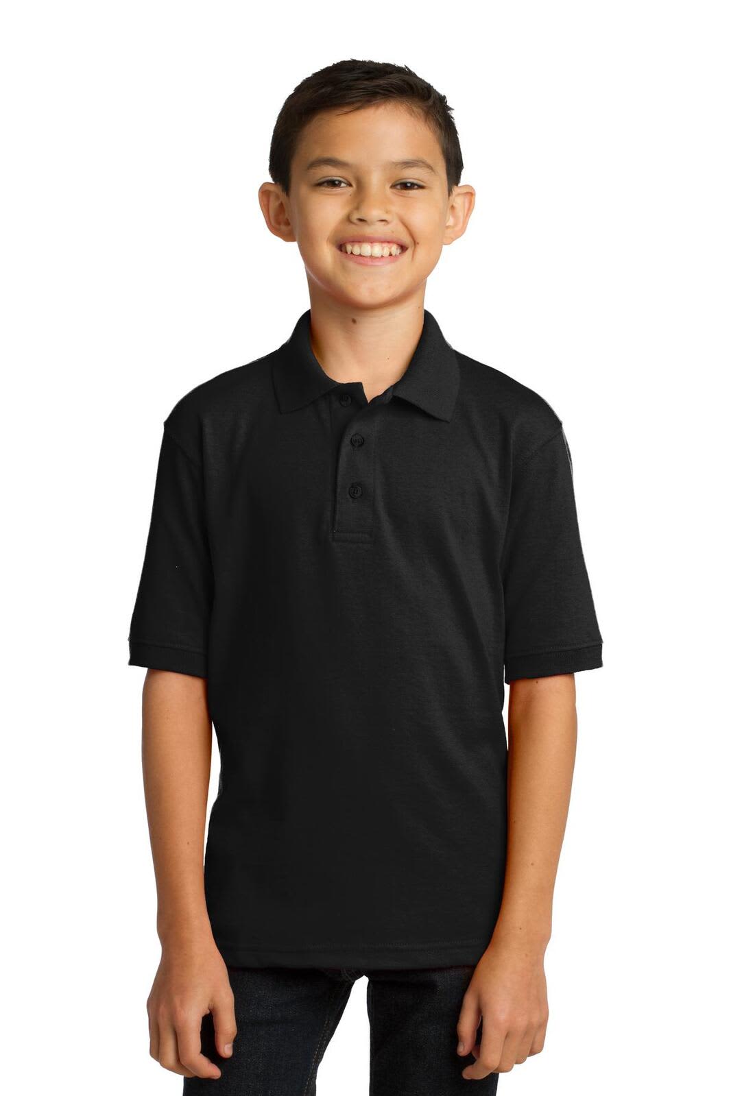A black youth polo shirt with short sleeves and a collar, featuring a logo on the chest.