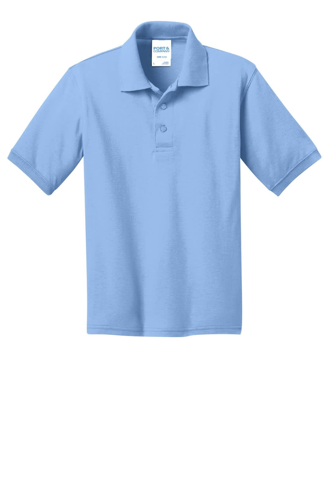 A light blue youth polo shirt made from a jersey blend, featuring a collar and buttons. It has a logo on the tag.
