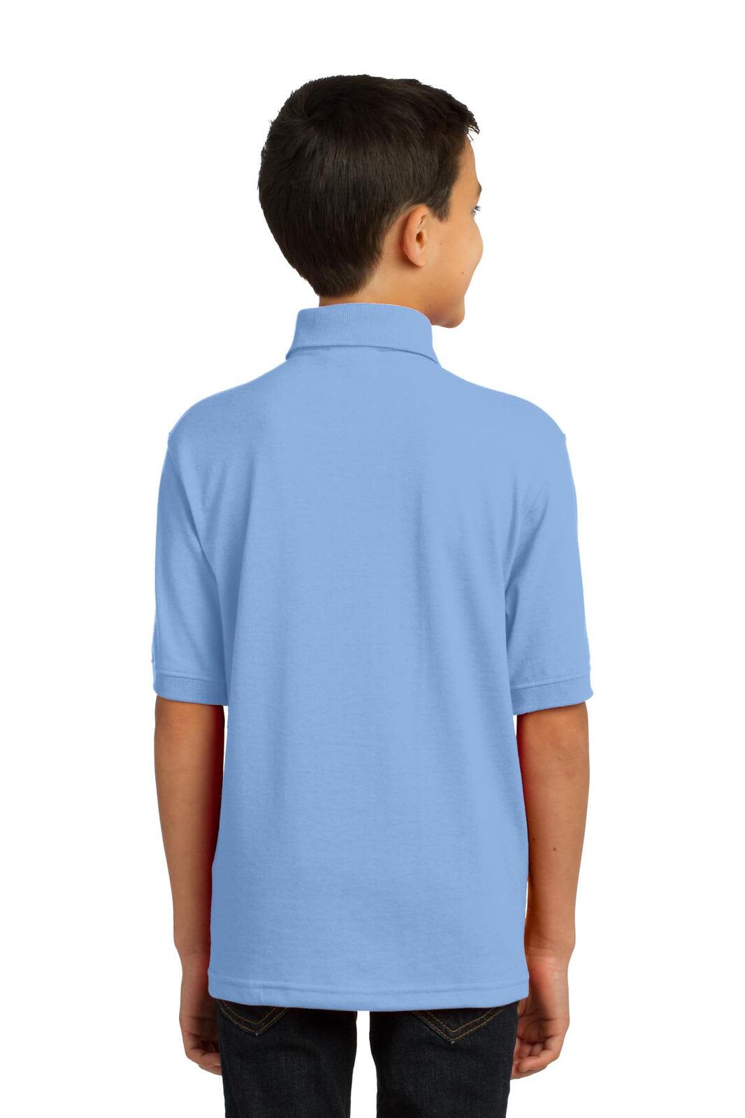 A youth polo shirt in light blue, featuring a collar and short sleeves, with a logo on the back.