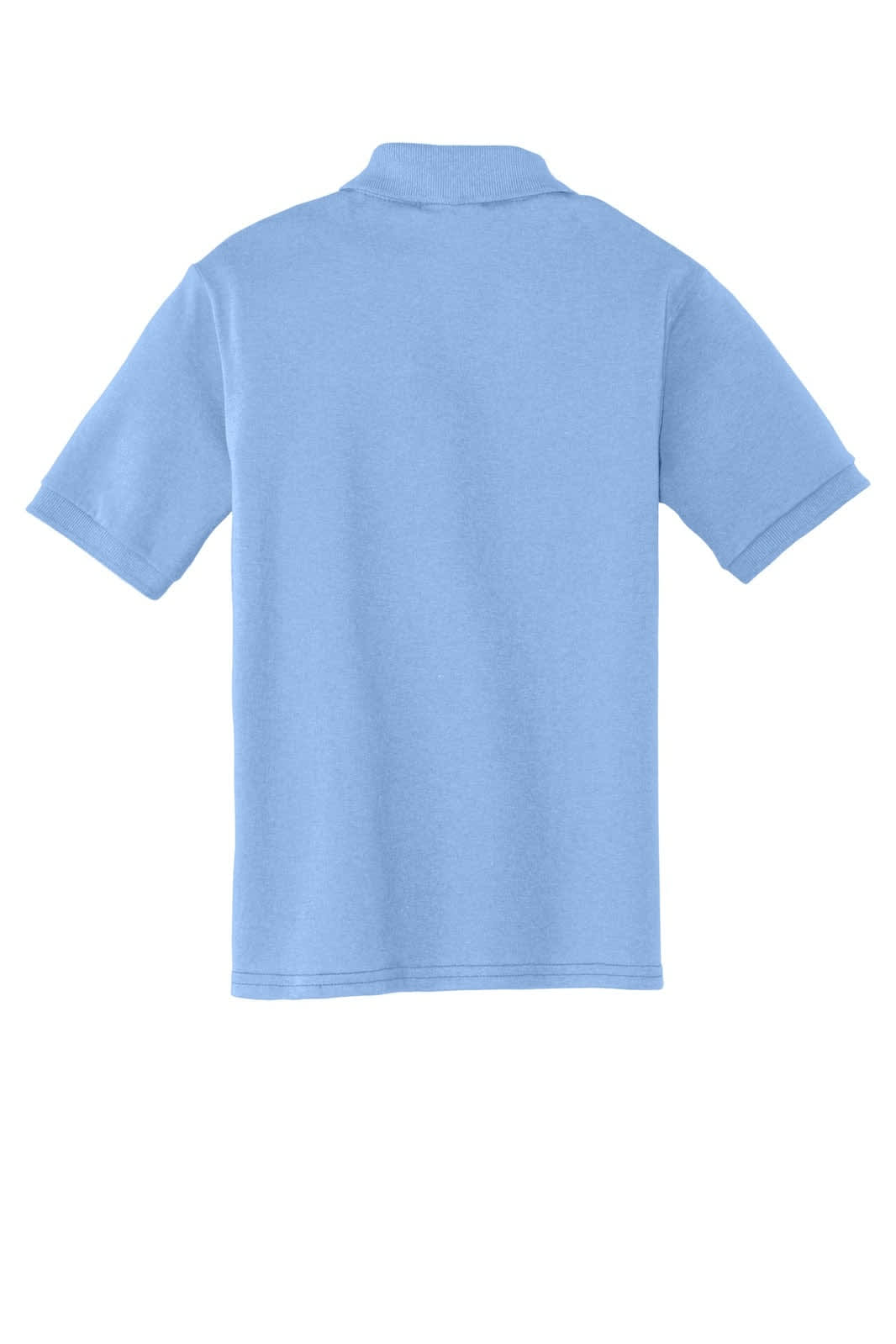 A light blue youth polo shirt featuring short sleeves and a collar, with a logo on the back.