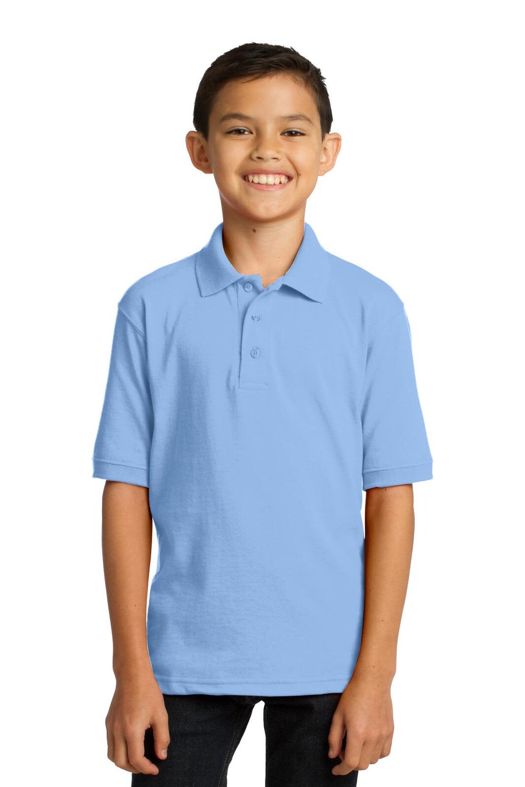 A light blue youth polo shirt with a collar, short sleeves, and a logo on the chest.